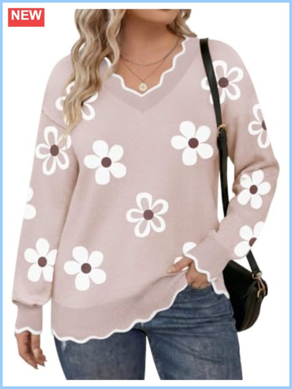 Plus Size Long Sleeve V-Neck Pullover Sweater Loose Fit Knit Fall